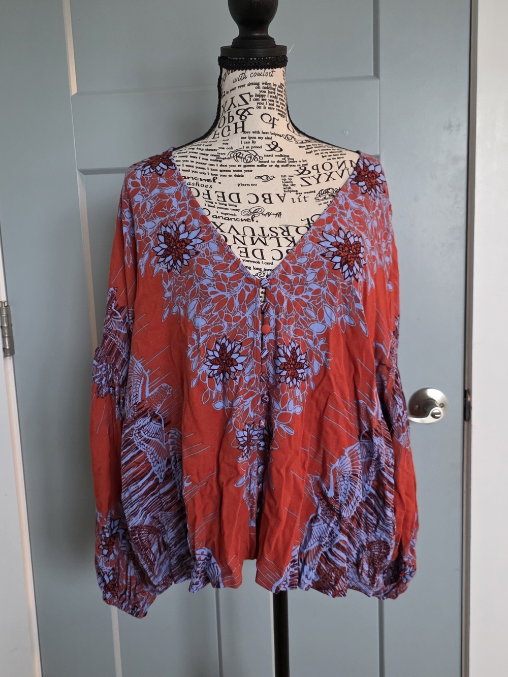Free People Birds Of A Feather Boho Peasant Balloon Sleeve Top Blouse Red Blue S